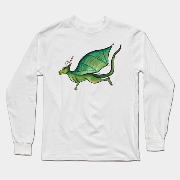 Green Dragon Flying in Pink Sky Long Sleeve T-Shirt by LeighsDesigns